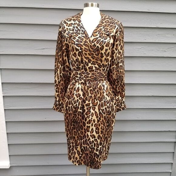 Vintage 80s Retro Pin Up Girl Animal Print Leopard Silk Midi Pencil Dress 4 - Picture 1 of 11